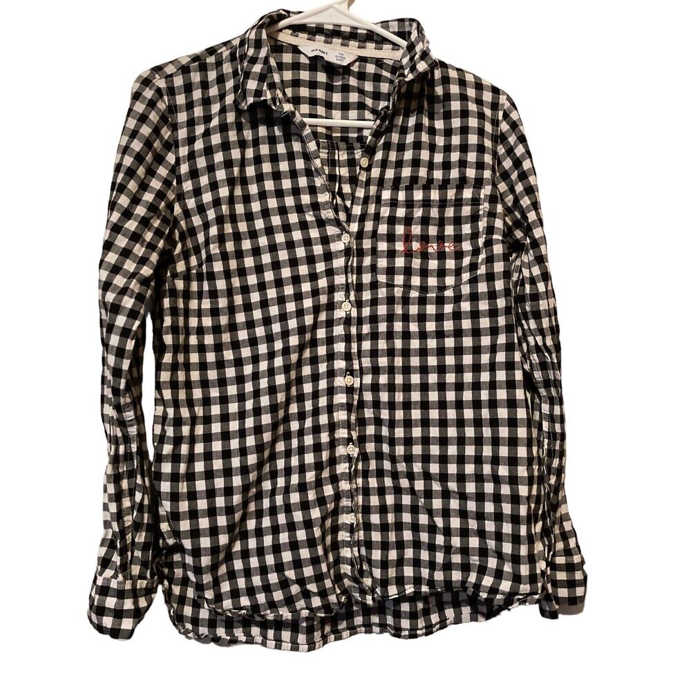 Old Navy black white check long sleeve Button Up blouse *Sz M* Love Embroidered